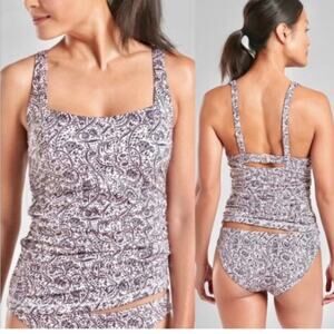 Athleta Aqualuxe Batik brown and white Jacobean tankini swim top 36 B/C